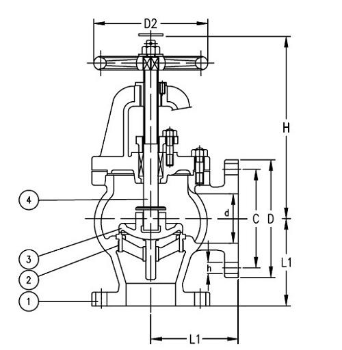 Marine Cast Iron Screw Down Check Angle Valve JIS F7376 10K Drawing