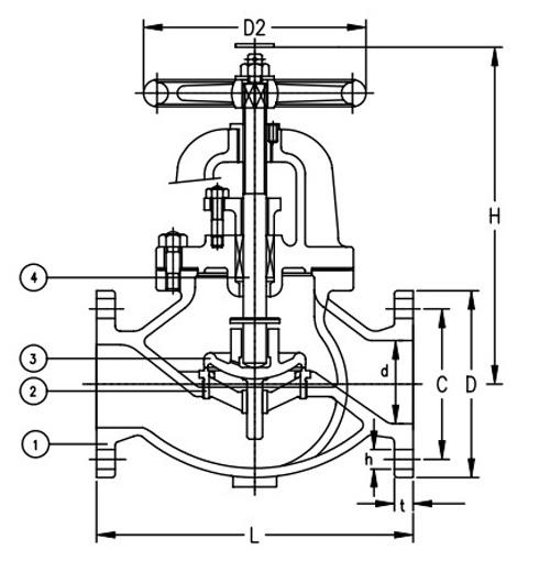 Marine Cast Iron Screw Down Check Globe Valve JIS F7377 16K Drawing